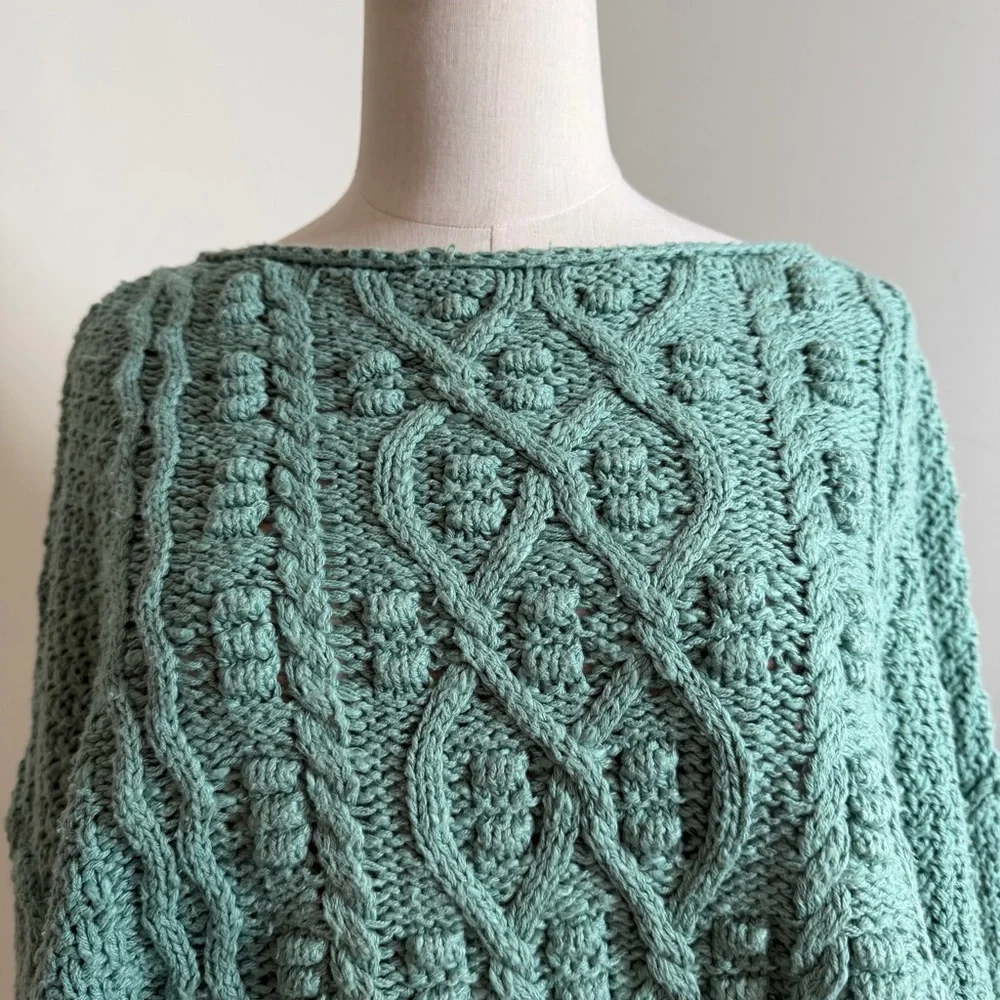 NEW! Free People White Spruce Cable Knit-M-Changing Tides Green Pullover Sweater